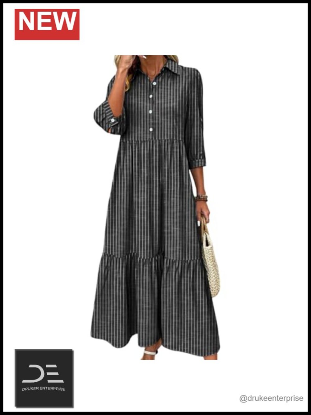 Striped Tiered Maxi Shirt Dress 3/4 Sleeve Collared Button Down